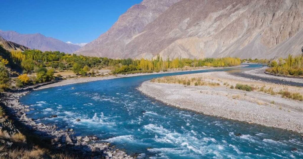 Blue Water of Gilgit River Flowing through Gupis, Ghizer, Gilgit