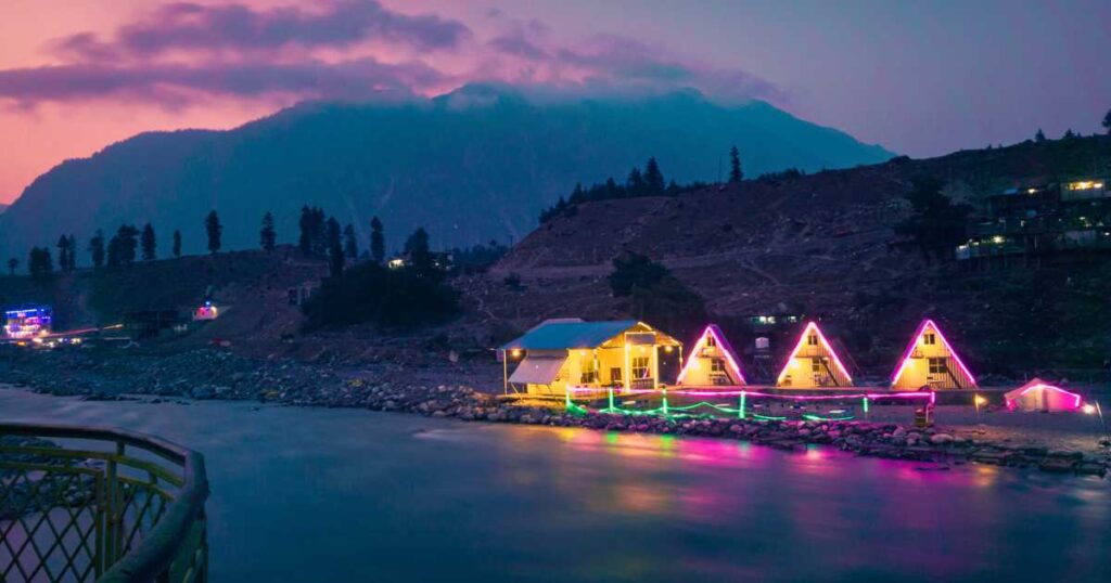 night scene of a hotel in Swat along the River in the northern region of Khyber Pakhtunkhwa, Pakistan