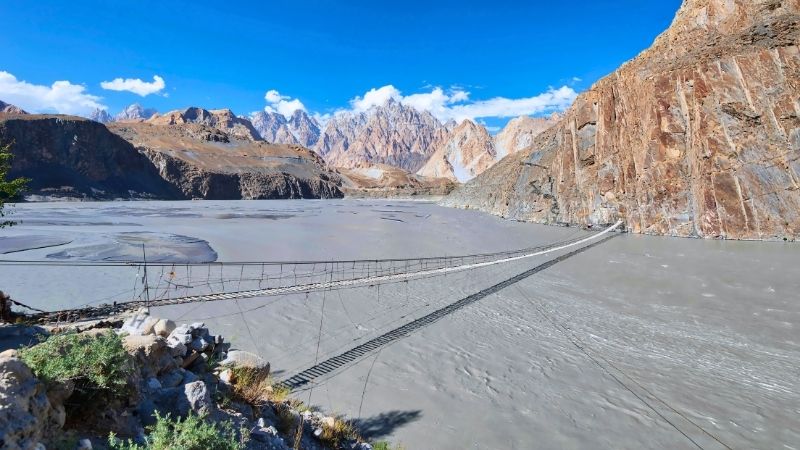 beautiful view of Hussaini Suspension Bridge Hunza Valley, Pakistan